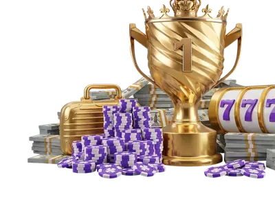 Gouden trofee met stapels fiches
